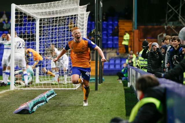 Matty Lonstaff celebrates his first half equaliser in Mansfield Town's 3-2 defeat against Tranmere Rovers.