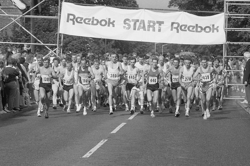 Runners leave the start line during the 1990 Mansfield Half Marathon.