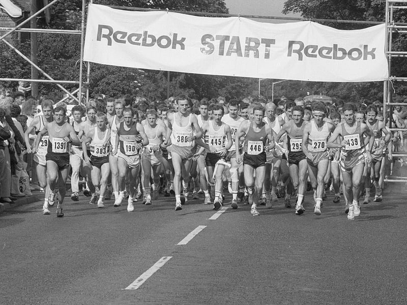 Runners leave the start line during the 1990 Mansfield Half Marathon.