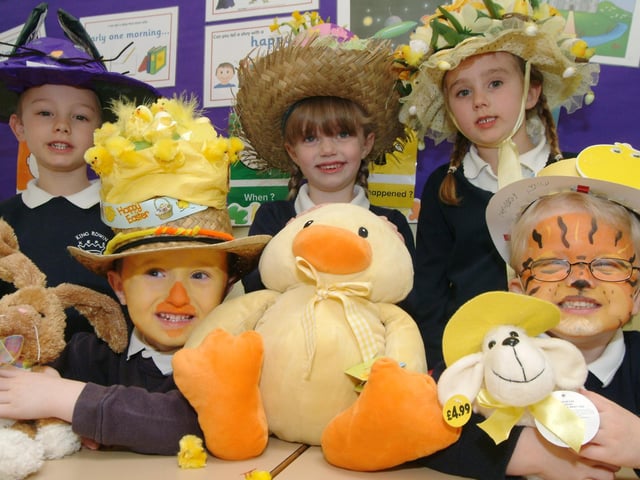 Pupils at King Edwin School Foundation Stage Unit at Edwinstowe held an Easter Bonnet Parade followed by an Easter Fair in 2010. Pictured from the left are; Elliot James 5, Callaum Schofield 4, Didi Jee 5, Emily Warrall 5 and Michael Freeman 3.