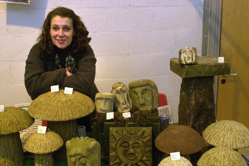 Bridget McGlynn with work from Capital stone Masonry Rivelin at Bakewell Farmer's Market in 2001.