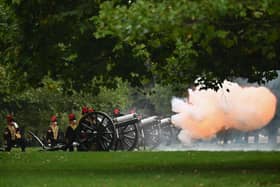 The Royal Salute is fired in Hyde Park by the King's Troop Royal Horse Artillery, British Army, taking place to mark the Principal Proclamation of King Charles III.