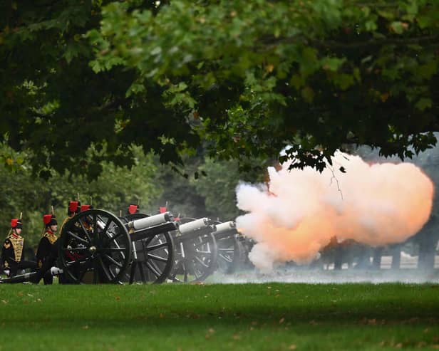 The Royal Salute is fired in Hyde Park by the King's Troop Royal Horse Artillery, British Army, taking place to mark the Principal Proclamation of King Charles III.
