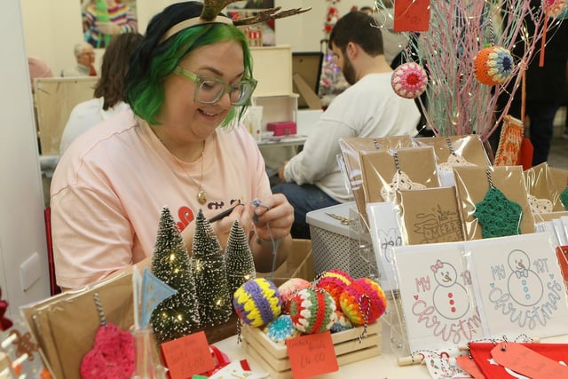Here is crochet worker Beth Harvey on a Christmas stall.