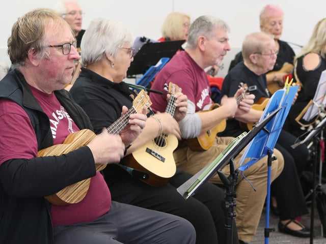 The Ukulele Group entertained visitors at Mansfield Library.