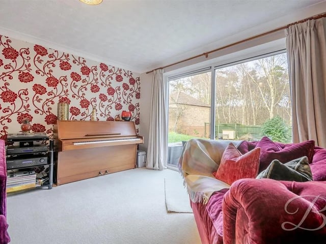 The generous living room, complete with a central heating radiator and a feature fireplace, creates a bright and inviting space for relaxation or entertaining.