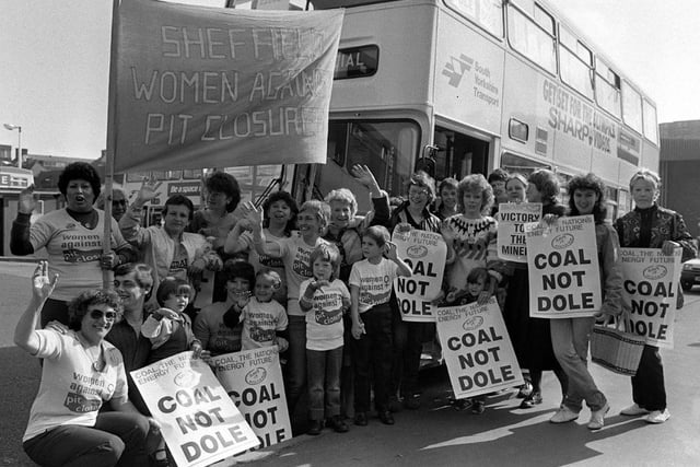 Sheffield Women Against Pit Closures leave Pond Street for Barnsley in May 1984.