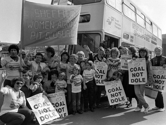 Sheffield Women Against Pit Closures leave Pond Street for Barnsley in May 1984.