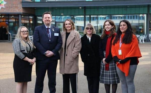 Pictured at the event are, from left: Laura Martin, Rob Routledge, Rachel Williams (founder of Stand Up to Domestic Abuse), Karen Thompson (deputy chief crown prosecutor for the East Midlands), Thea Arch and Stephanie Bechelet of the Brainkind charity, who presented at the event. Photo: Nottinghamshire Police