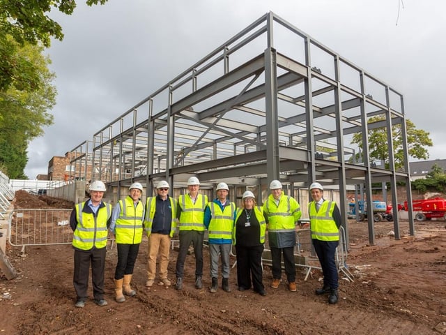 College vice-principal Louise Knott (third right) and Mansfield Mayor Andy Abrahams (fourth right) on their site visit, joined by (from left) Clegg Construction’s senior contracts manager Lyndon Bowler, operations director Darren Chapman and project manager Andy Turner; Mansfield District Council’s regeneration programmes and projects manager Geoff George; the college’s director of estates Gavin Peake; and NTU’s director of knowledge exchange Jeremy Hague.
