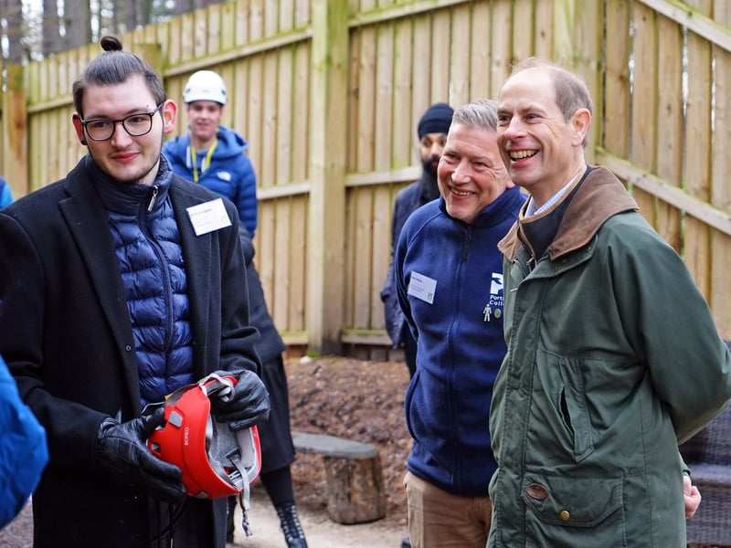 Duke of Edinburgh walking through the Woodland adventure zone at Portland college.