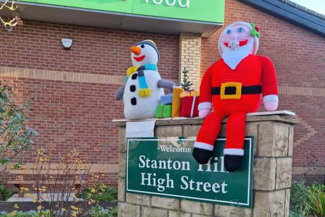 Christmas yarnbombing outside the Co-op.