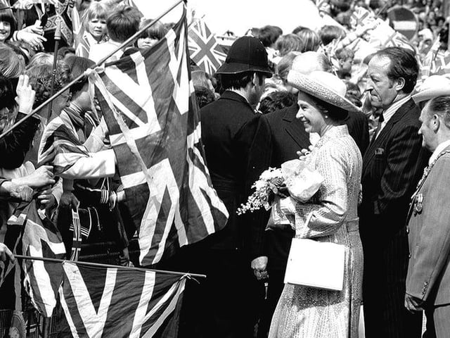 The Queen smiles during her visit to Mansfield in 1977.
