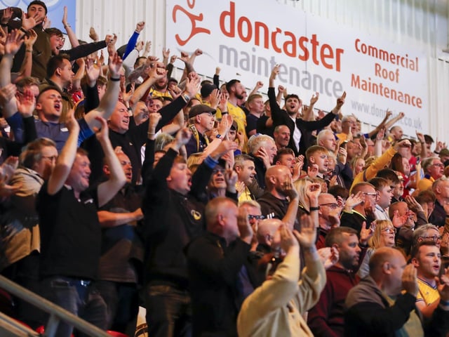 Mansfield fans at the Sky Bet League 2 match against Doncaster Rovers FC at the Eco-Power Stadium
Photo Chris & Jeanette Holloway / The Bigger Picture.media