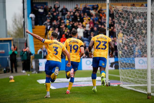 Stags celebrate levelling during the Sky Bet League 1 match against Birmingham City FC at the One Call Stadium, 26 Oct 2024, Photo credit Chris & Jeanette Holloway / The Bigger Picture.media