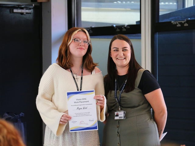 Joinery student Megan Wood with work placement engagement officer Kelly Hammond