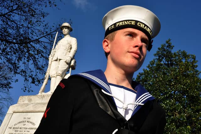 Luke Tinker, aged 14, from Sutton, who represented the Mansfield Sea Cadets and the Royal Marine Cadets when he was chosen to stand on guard at the Sutton War Memorial for the Remembrance parade in 2014.