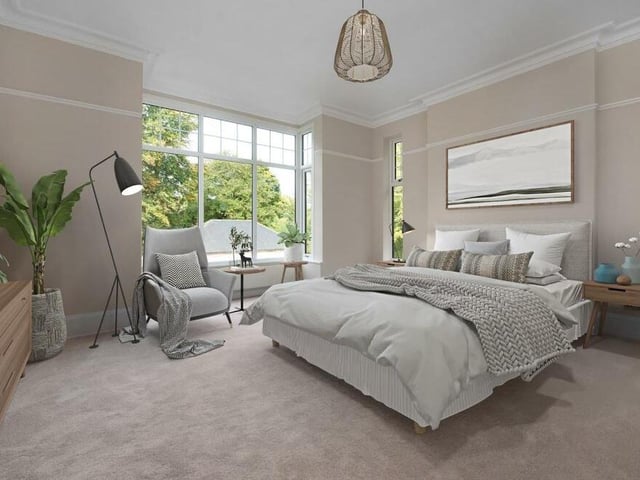The master bedroom is one of three dual-aspect, double bedrooms on the first floor of Abbeydale. It is spacious and comfortable, with a large bay window facing the front of the house.