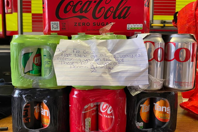 An example of the community spirit that erupted alongside the fire in Blidworth. These drinks were left by residents for Ashfield firefighters as they responded to the emergency call-out. The note reads: "Dear fire crew. Hope these go a little way to refreshing you in this heat. Thanks for all you do."