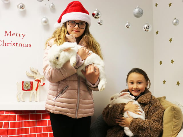 Eliana Smith, aged nine, and eight-year-old Chloe Baines, with rabbits Marshmallow and Sherbet.