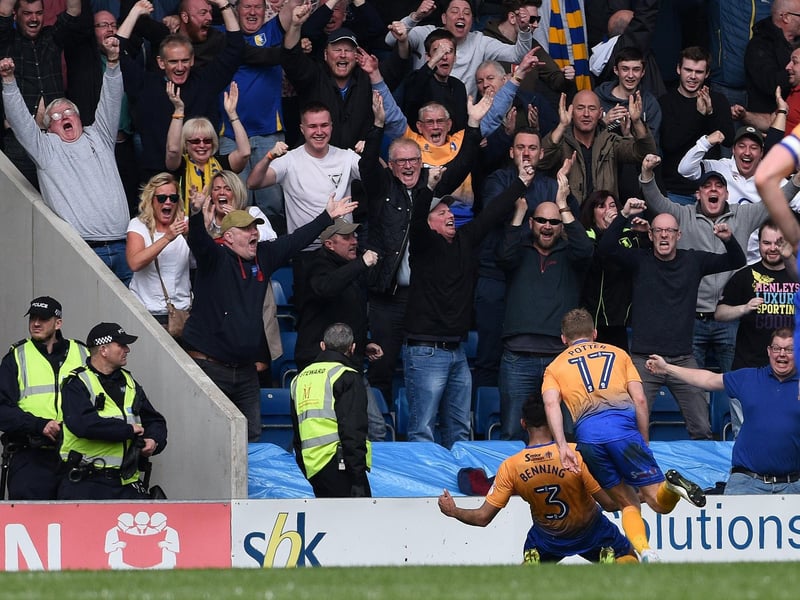 Mal Benning celebrates his winning goal after Mansfield beat Chesterfield 1-0 in April 2018 to all but seal Chesterfield's relegation from the Football League.