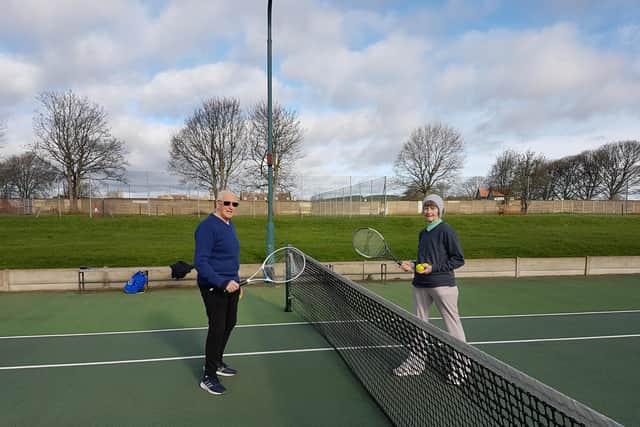 Pete and Kath Toon were first on court at Mansfield Lawn Tennis Club after the latest lockdown restrictions were eased.
