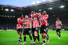 Sheffield United celebrate a goal against Stoke City at Bramall Lane on December 06, 2025 in Sheffield, England. (Photo by Harriet Massey/Getty Images)