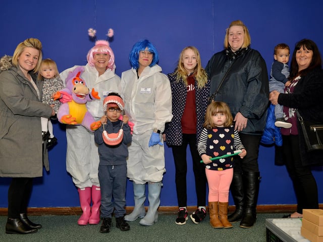 Fitness, Food and Fun health and wellbeing event at Mansfield Museum, pictured are Rebecca and Julia of Oral Health Promotions for Notts Healthcare NHS Foundation with their Sugar Scientists show in 2018.