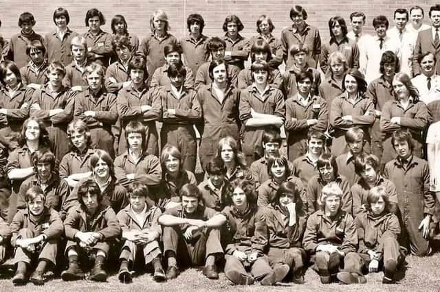 Part of the photo of all the EMEB apprentices in 1971, featuring on the front row, Billy Parkes (third left), John Clark (fourth left) and Tim Brothwell (third right), plus on the third row from the front, Clive Wells (second right).