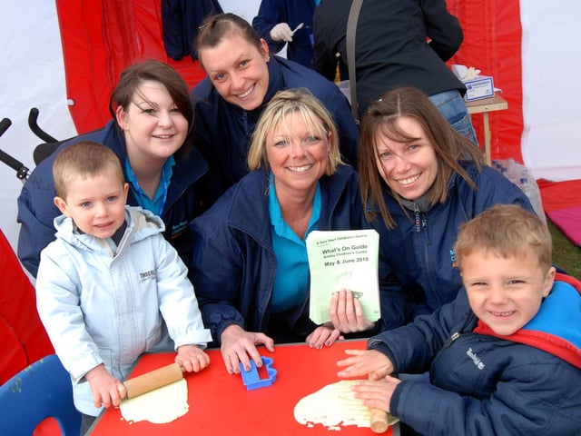 Members of Ashfield Sure Start are pictured with youngsters during the May Day Celebration held in Kirkby's Kingsway Park in 2010. From the left are: Oliver Wheeler, Laura Hurst, Maxine Dallison, Lisa Hall, Jane Gorewoda, and William Ashley.