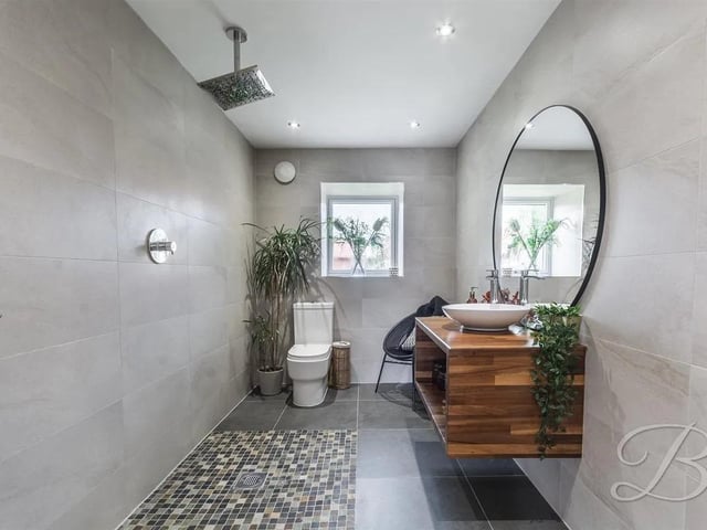 The shower room is sleek and functional, featuring an open shower area for easy access, a low flush WC, and a stylish hand wash basin. Designed for convenience and comfort.