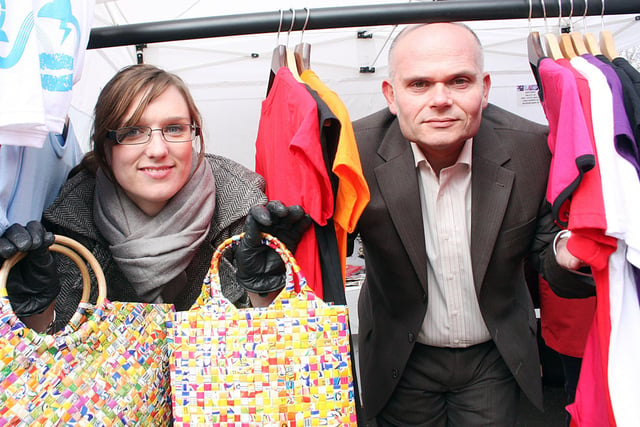 2010: At Kimberley Farmers' Market are sponsor and Fresh Cargo managing director Becky Gray with Coun Richard Robinson.