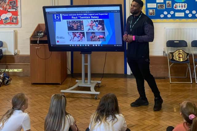 Paul Daley who talked to the children West Park Academy in Kirkby.