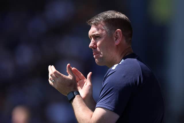 Dave Challinor the manager of Stockport County looks on during the Sky Bet League Two Play-Off Semi-Final Second Leg match between Stockport County and Salford City at Edgeley Park on May 20, 2023 in Stockport, England. (Photo by Alex Livesey/Getty Images)