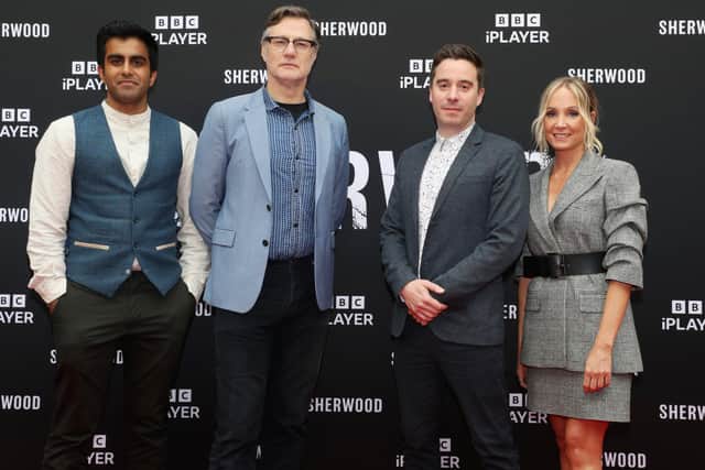 From left, Bally Gill, David Morrissey, James Graham and Joanne Froggatt attend the Sherwood premier at Broadway Cinema, Nottingham.