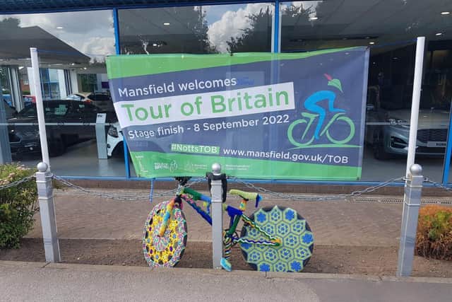 Yarn bombed bike in Warsop