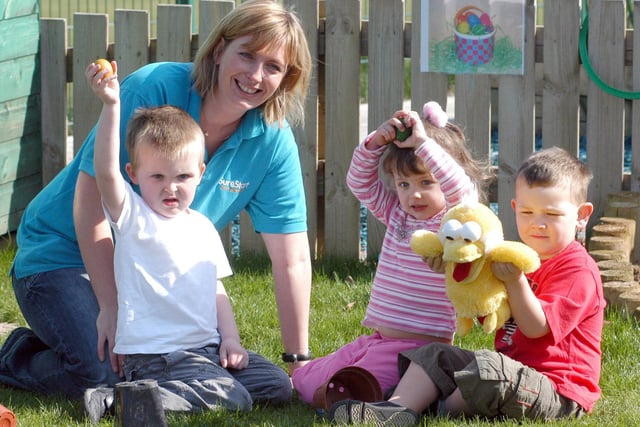Alison Waring pictured with youngsters during the Easter Egg Hunt at the Ladybrook Children's Centre on Saturday. Pictured from the left are Max Heather, Reeanna Lapinski, and Jack Wileman. 2007.