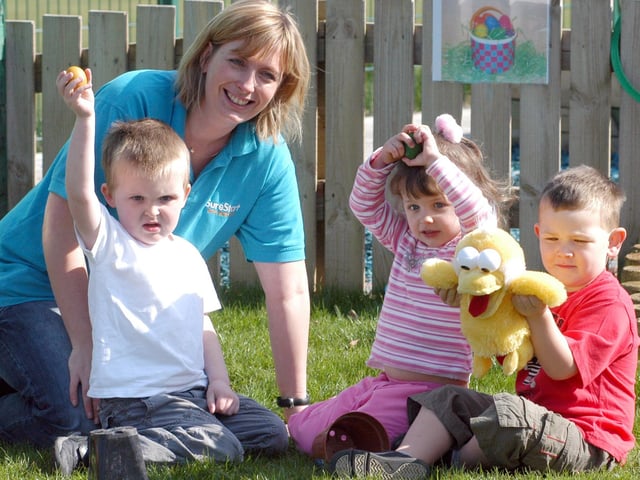 Alison Waring pictured with youngsters during the Easter Egg Hunt at the Ladybrook Children's Centre on Saturday. Pictured from the left are Max Heather, Reeanna Lapinski, and Jack Wileman. 2007.