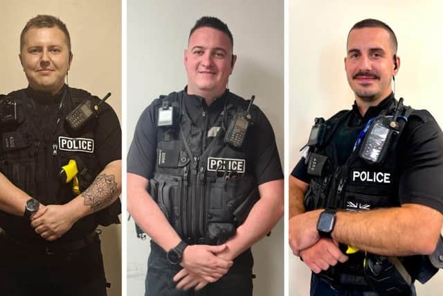 PCs Adam Cook (left), Scott Loughran and James Lloyd (right) have been awarded Chief Constable Commendations for their bravery. Photo: Nottinghamshire Police