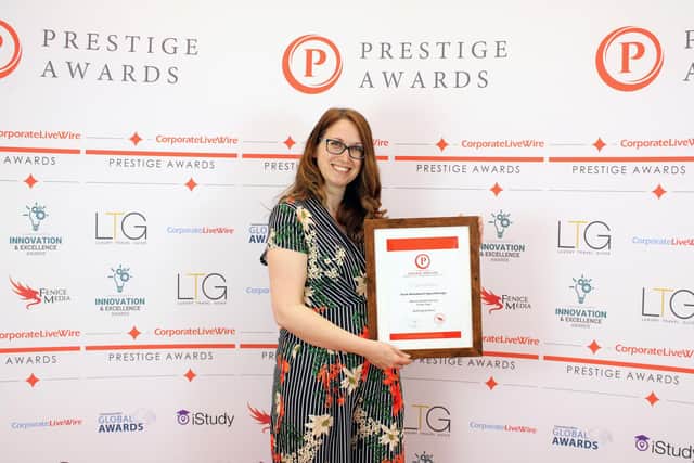 Sarah Woodward with her award at the Prestige Awards.