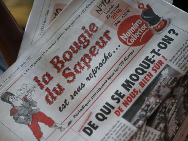 La Bougie du Sapeur is a French satirical newspaper launched in 1980 that is published only on Leap Day, making it the world's least frequently published newspaper. The tenth edition of the leap year publication "La Bougie du Sapeur", is photographed in Paris, on February 2016. This year marks the paper's 12th edition.