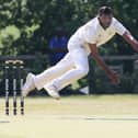Hosiery MIlls' Lahiru Jayatrathne bowling against Papplewick on Saturday.