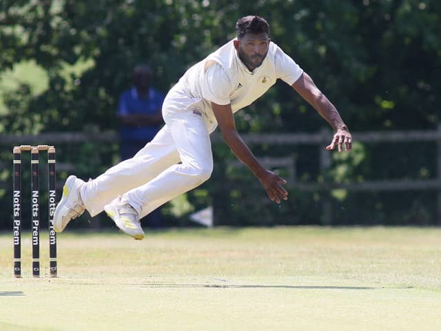 Hosiery MIlls' Lahiru Jayatrathne bowling against Papplewick on Saturday.