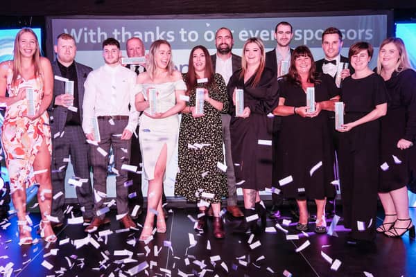 Winners at the 2022 Derbyshire and Nottinghamshire Apprenticeship Awards on stage with their trophies at the end of the night. (Photo by: Dean Atkins Photography/nationalworld.com)