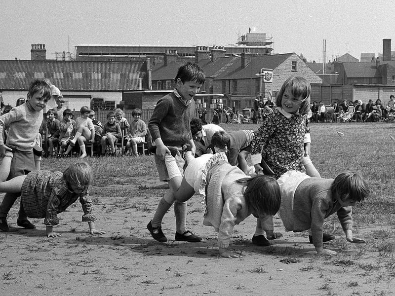 These Mansfield pupils take on the wheelbarrow race in 1970.