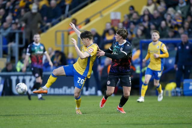 Tom Nichols in action during the Sky Bet League 2 match against Accrington Stanley FC at the One Call Stadium, 16 April 2024, Photo credit Chris & Jeanette Holloway / The Bigger Picture.media