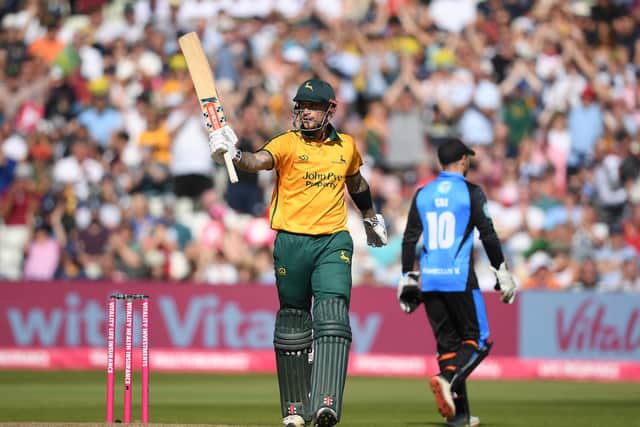 Alex Hales celebrates reaching fifty during the Vitality T20 Blast semi-final match between Notts Outlaws and Worcestershire Rapids at Edgbaston last year. (Photo by Alex Davidson/Getty Images)