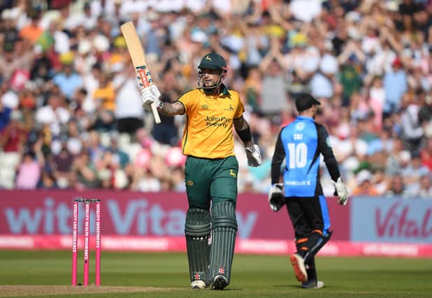 Alex Hales celebrates reaching fifty during the Vitality T20 Blast semi-final match between Notts Outlaws and Worcestershire Rapids at Edgbaston last year. (Photo by Alex Davidson/Getty Images)