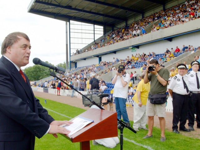 Deputy Prime Minister John Prescott opens the new Field Mill in July 2001. The ground was completely revamped from 1999 to 2001 to include three new stands, increasing the capacity to 9,186.