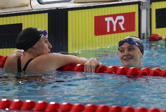 Abbie Wood (R) and Molly Renshaw after the Women's 200m Breaststroke Final during the British Swimming Glasgow Meet. (Photo by Catherine Ivill/Getty Images)